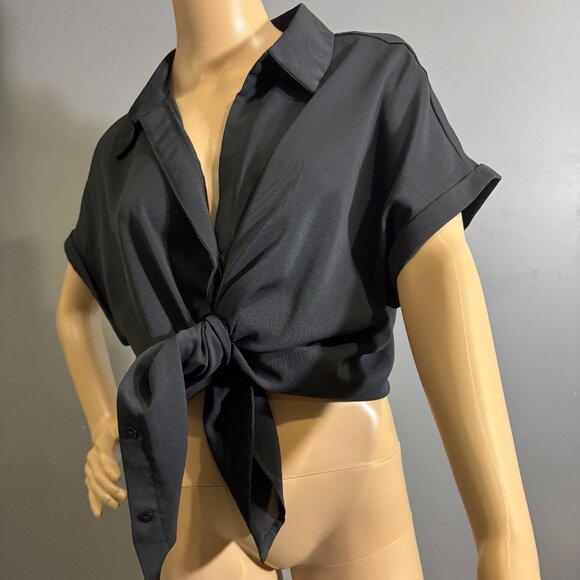 Black Tie-Front Button-Up Shirt ~ Minimalist Versatile Blouse - Picture 2 of 12
